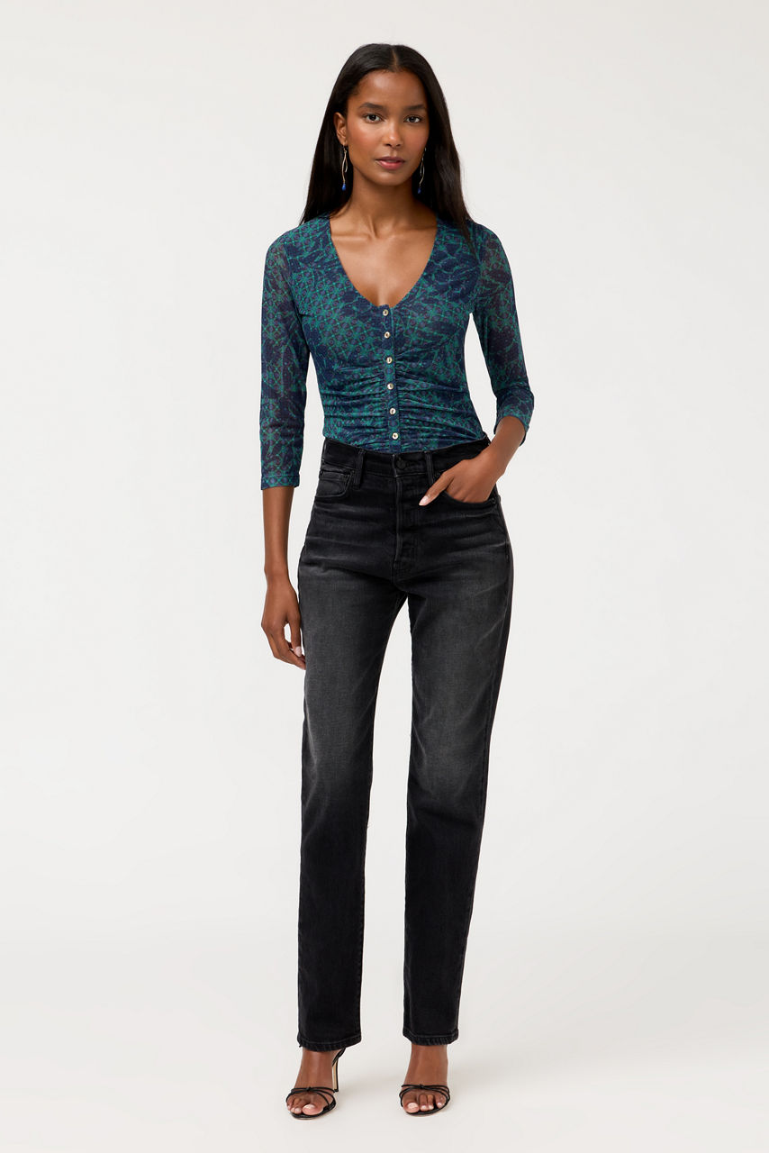 RUCHED BUTTON FRONT MESH TEE, , large image 3