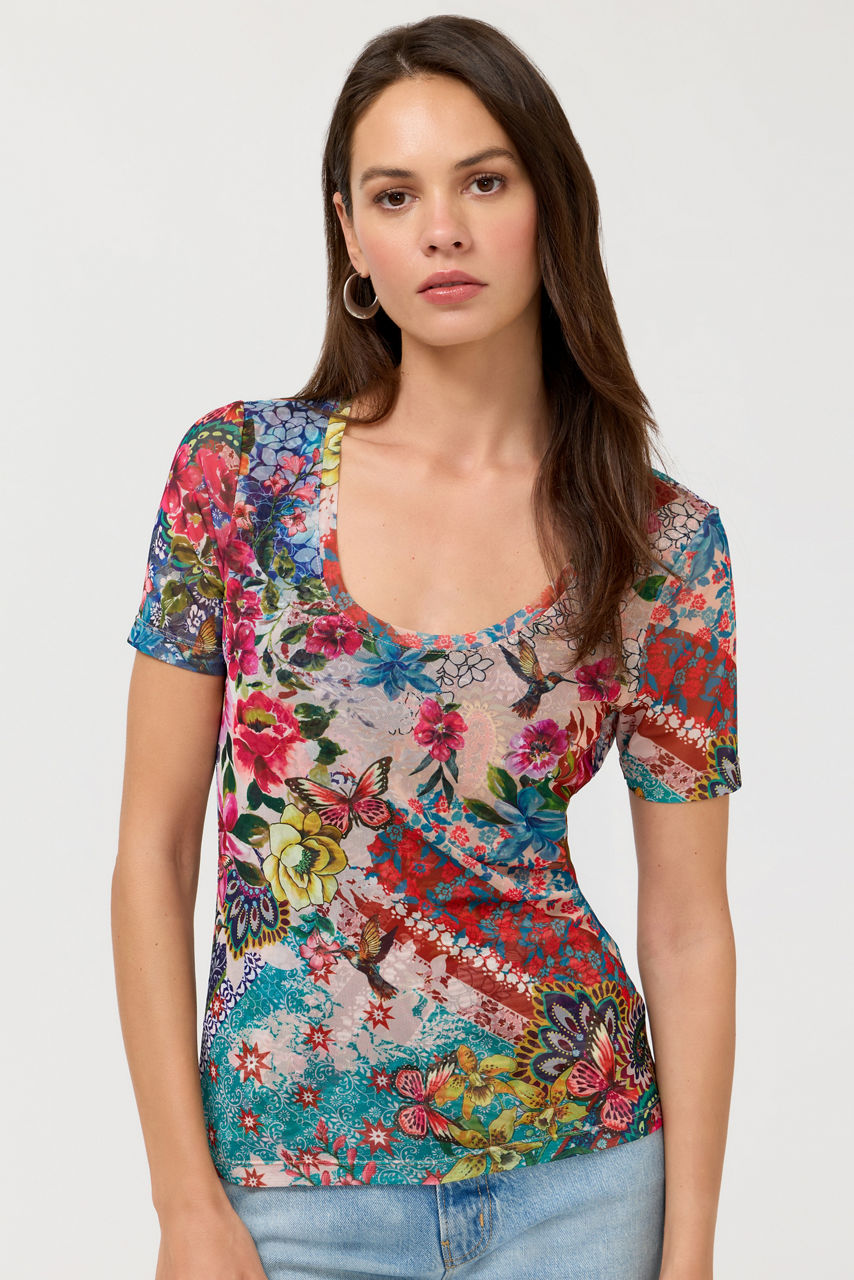 SHORT SLEEVE SCOOP NECK MESH TEE, , large image 1