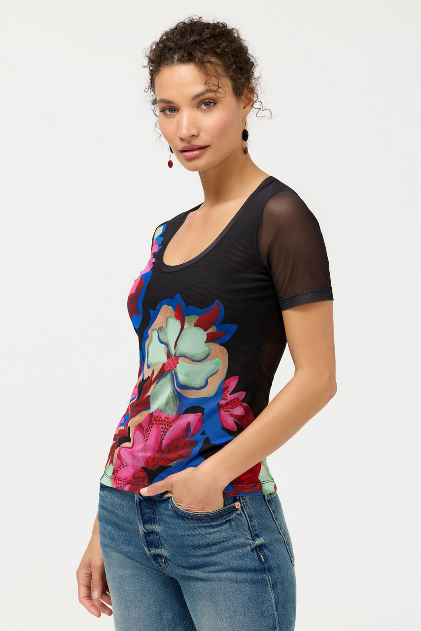 SHORT SLEEVE SCOOP NECK MESH TEE, , large image 1