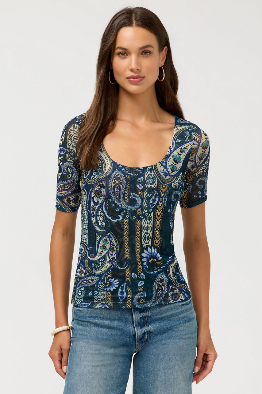 ELBOW SLEEVE SCOOP NECK MESH TEE, , large image 2