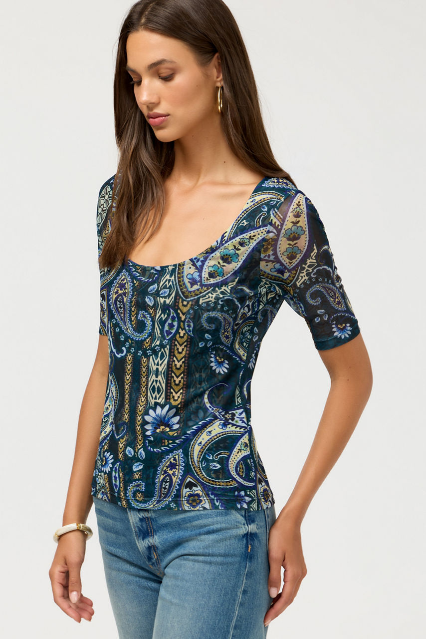 ELBOW SLEEVE SCOOP NECK MESH TEE, , large image 3