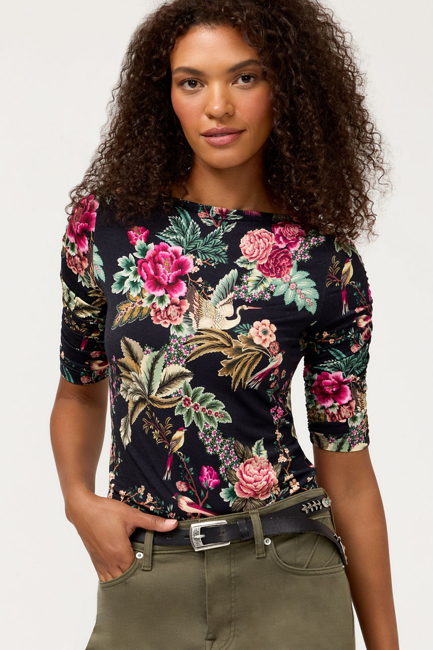 THE JANIE FAVORITE RUCHED SLEEVE TEE, , large image 1