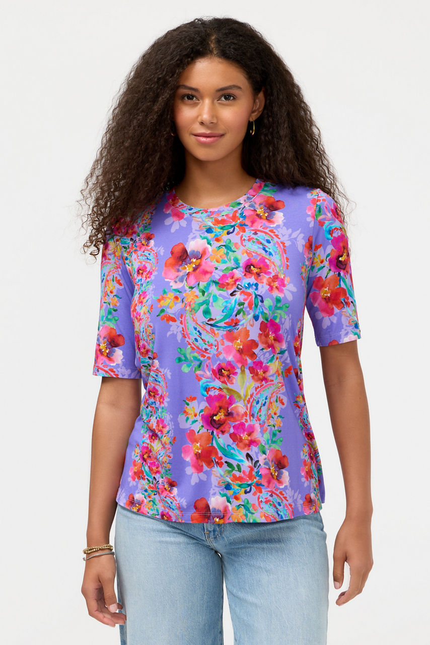 THE JANIE FAVORITE ELBOW SLEEVE CREW NECK SWING TEE, , large image 1