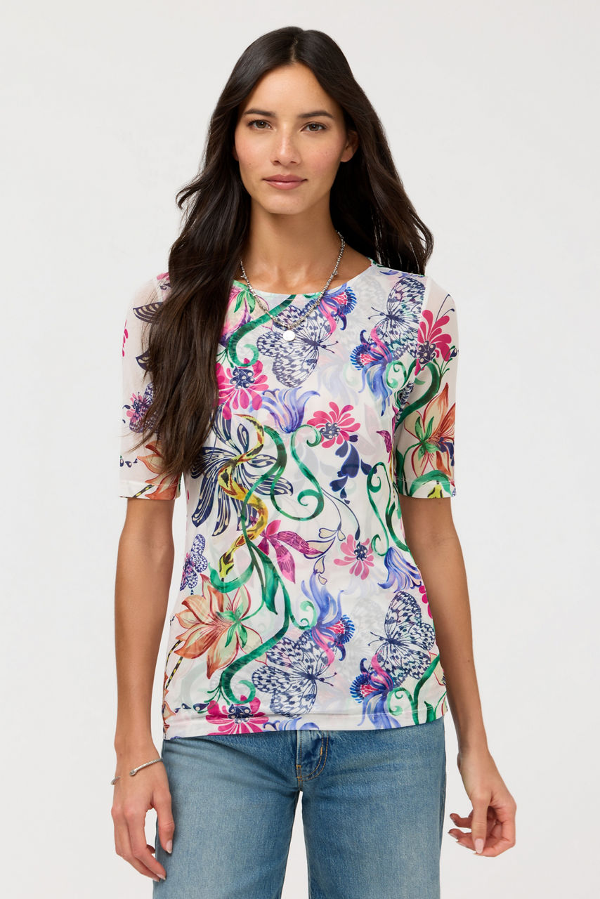 ELBOW SLEEVE BOAT NECK MESH TOP, , large image 1