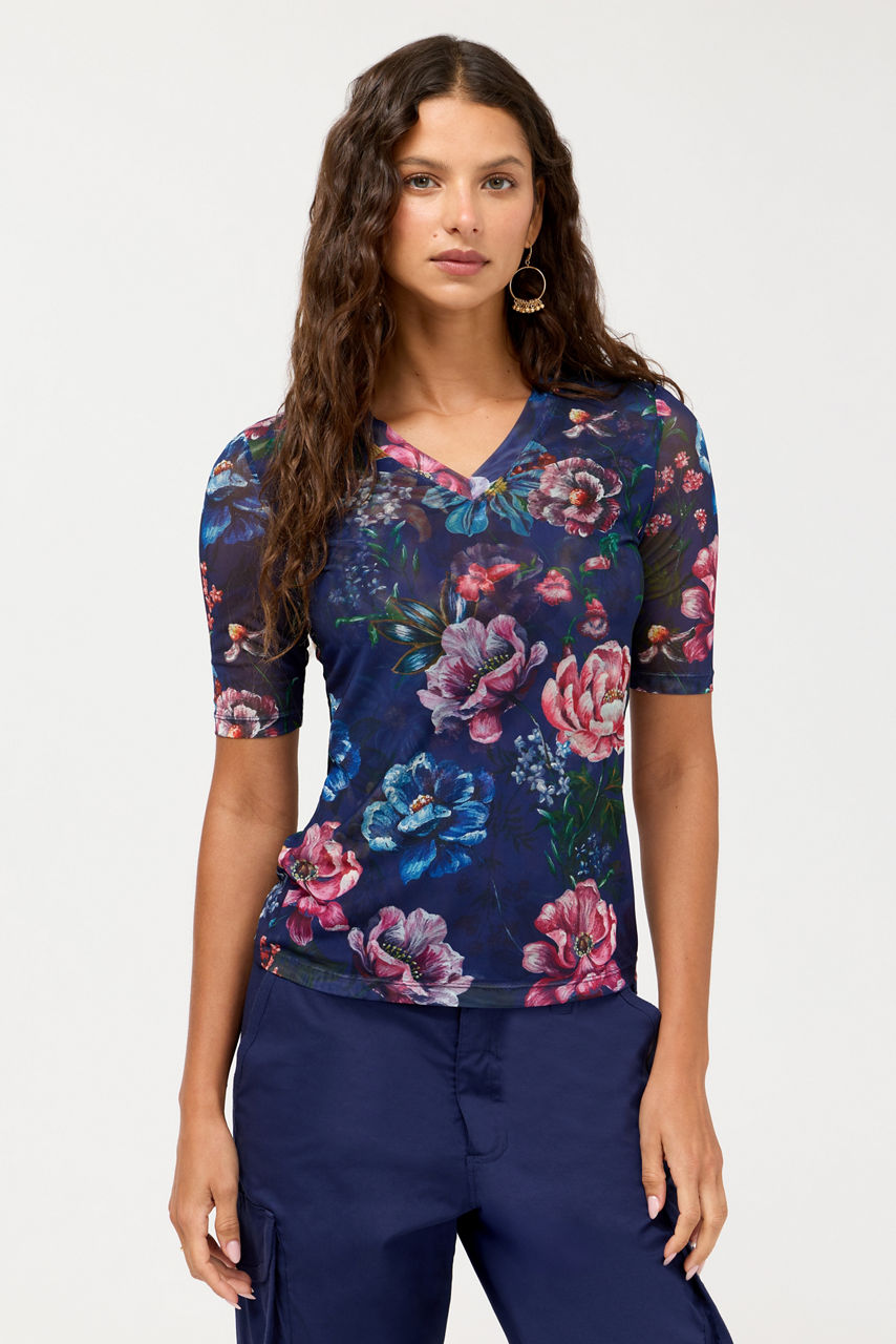 V-NECK ELBOW SLEEVE MESH TOP, , large image 1