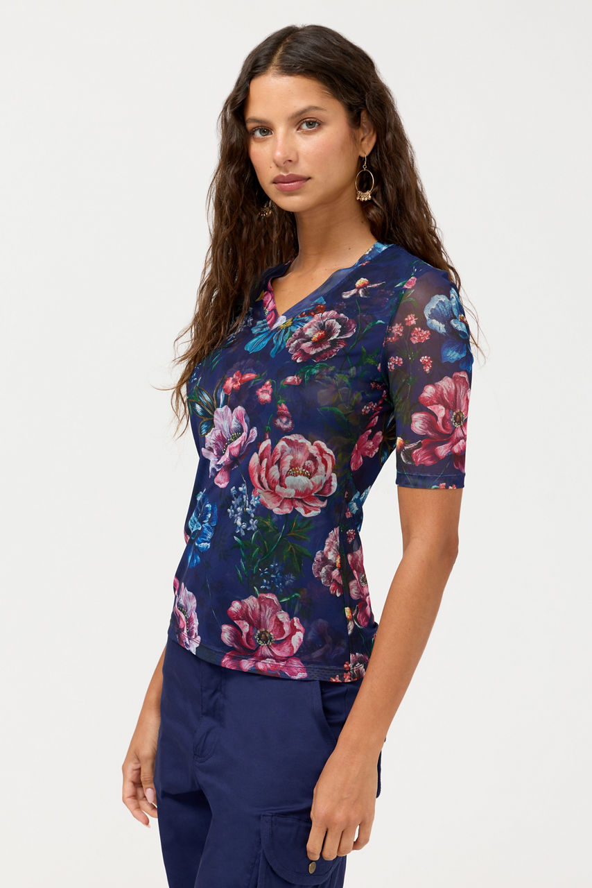 V-NECK ELBOW SLEEVE MESH TOP, , large image 2