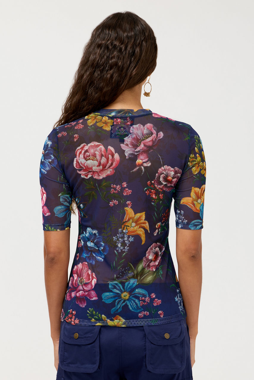 V-NECK ELBOW SLEEVE MESH TOP, , large image 3