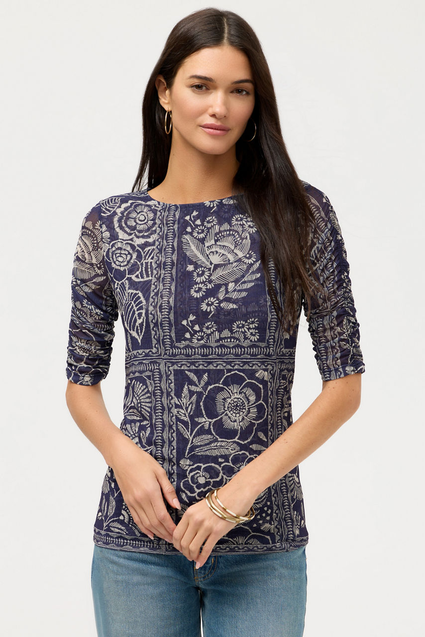 RUCHED SLEEVE MESH TOP, , large image 1