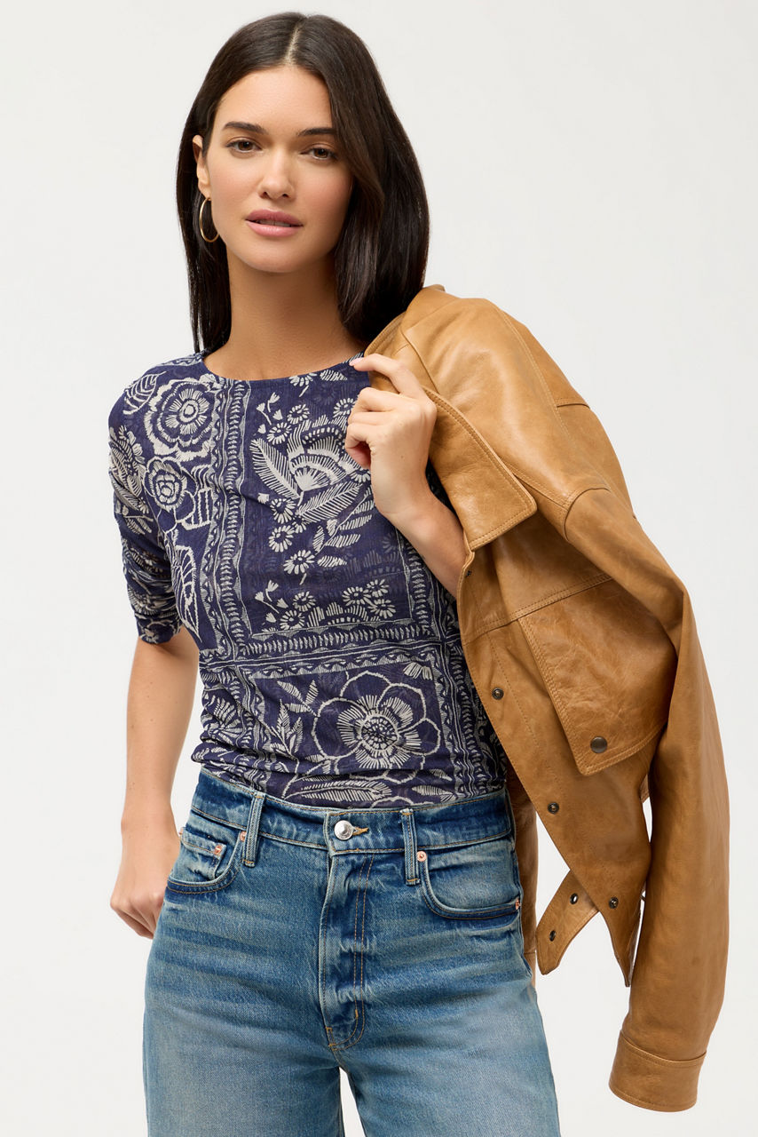 RUCHED SLEEVE MESH TOP, , large image 5