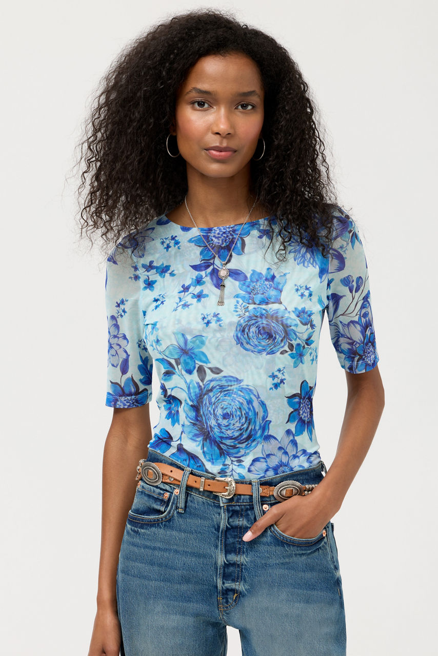 ELBOW SLEEVE BOAT NECK MESH TOP, , large image 1