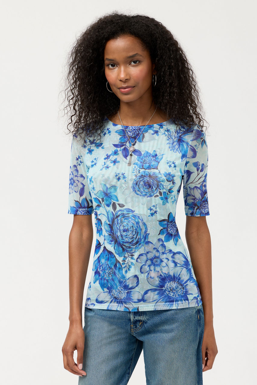 ELBOW SLEEVE BOAT NECK MESH TOP, , large image 2