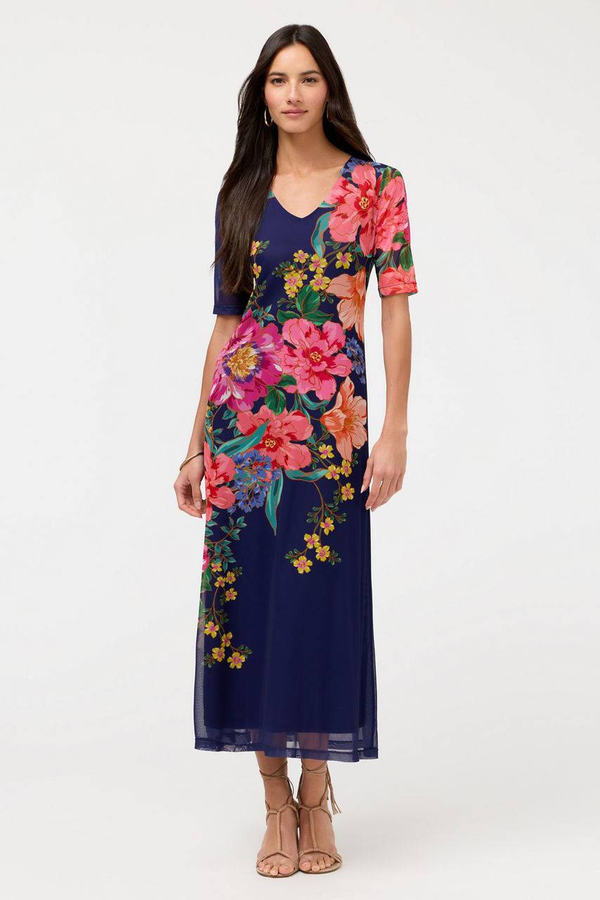 ELBOW SLEEVE V-NECK MESH MIDI DRESS, , large image 1