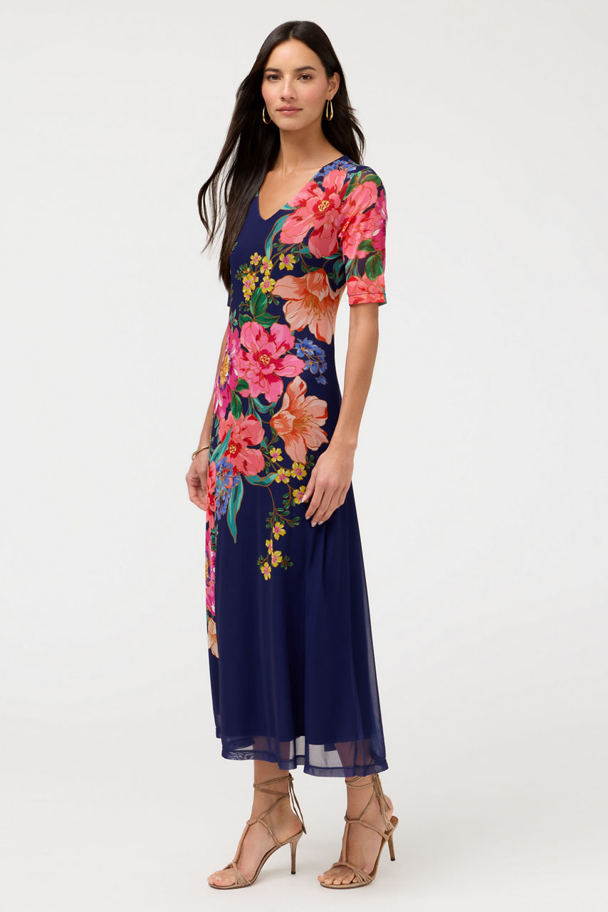 ELBOW SLEEVE V-NECK MESH MIDI DRESS, , large image 2