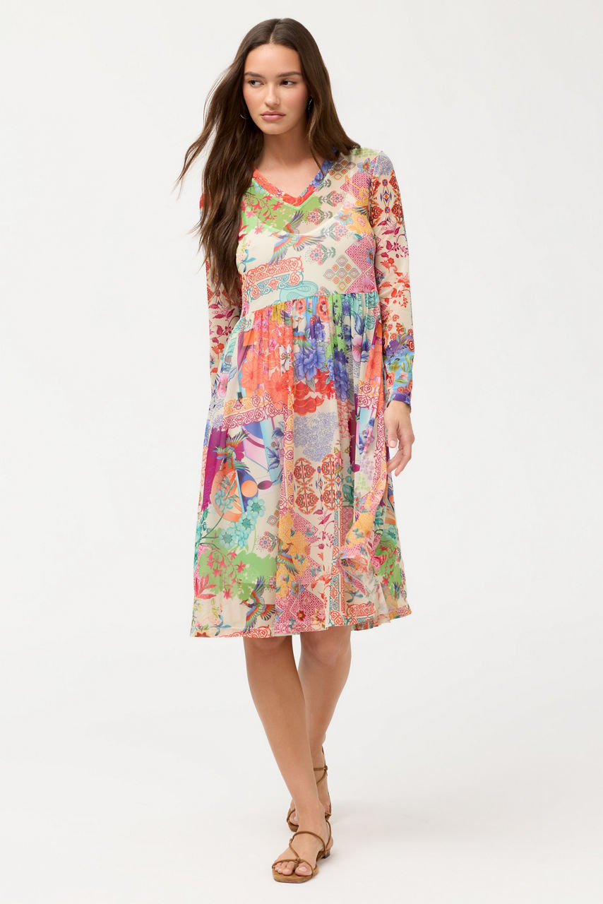 LONG SLEEVE V-NECK MESH SINGLE TIER DRESS, , large image 1