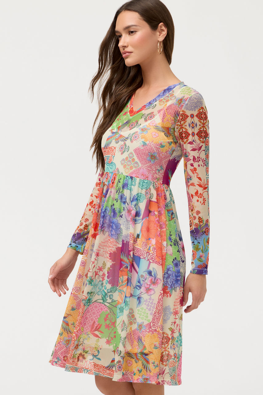 LONG SLEEVE V-NECK MESH SINGLE TIER DRESS, , large image 2