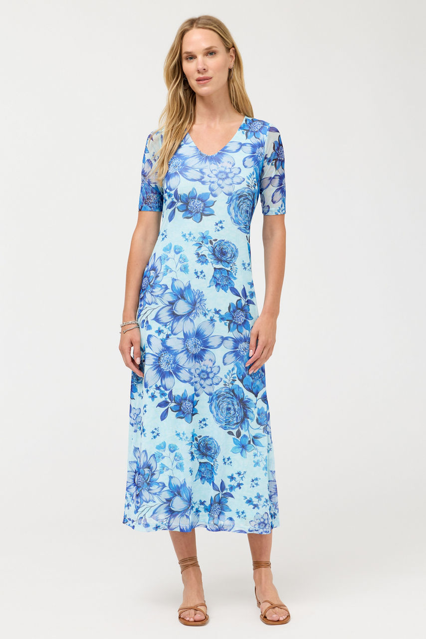 ELBOW SLEEVE V-NECK MESH MIDI DRESS, , large image 1
