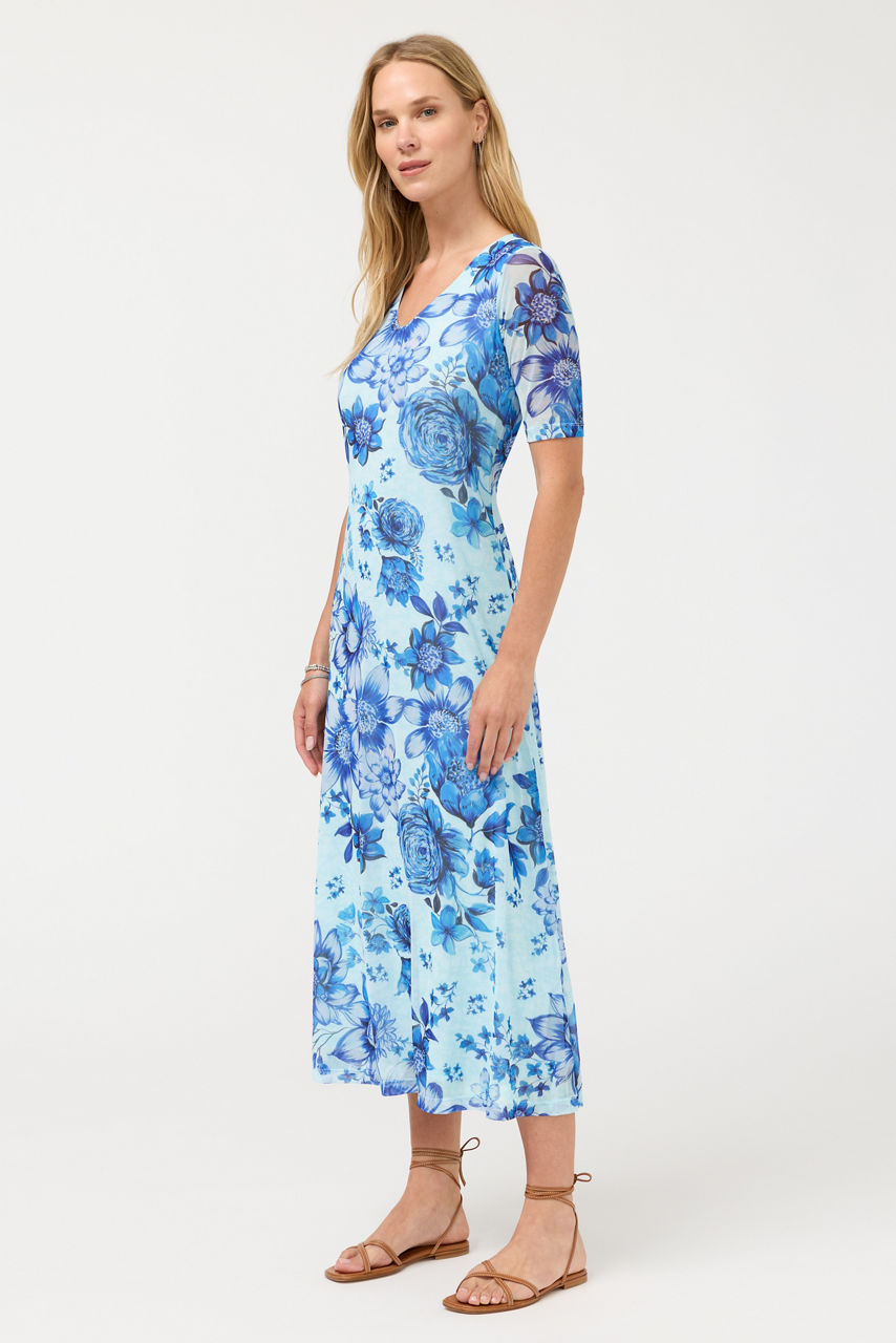 ELBOW SLEEVE V-NECK MESH MIDI DRESS, , large image 2