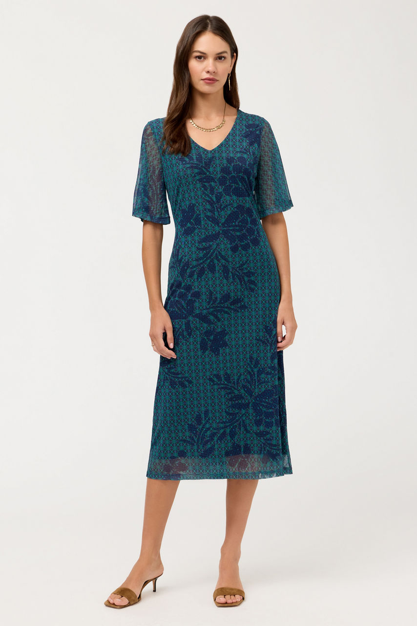 DOUBLE V-NECK MESH MIDI DRESS, , large image 1