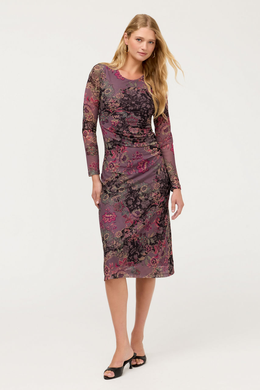 LONG SLEEVE RUCHED FRONT MESH MIDI DRESS, , large image 1