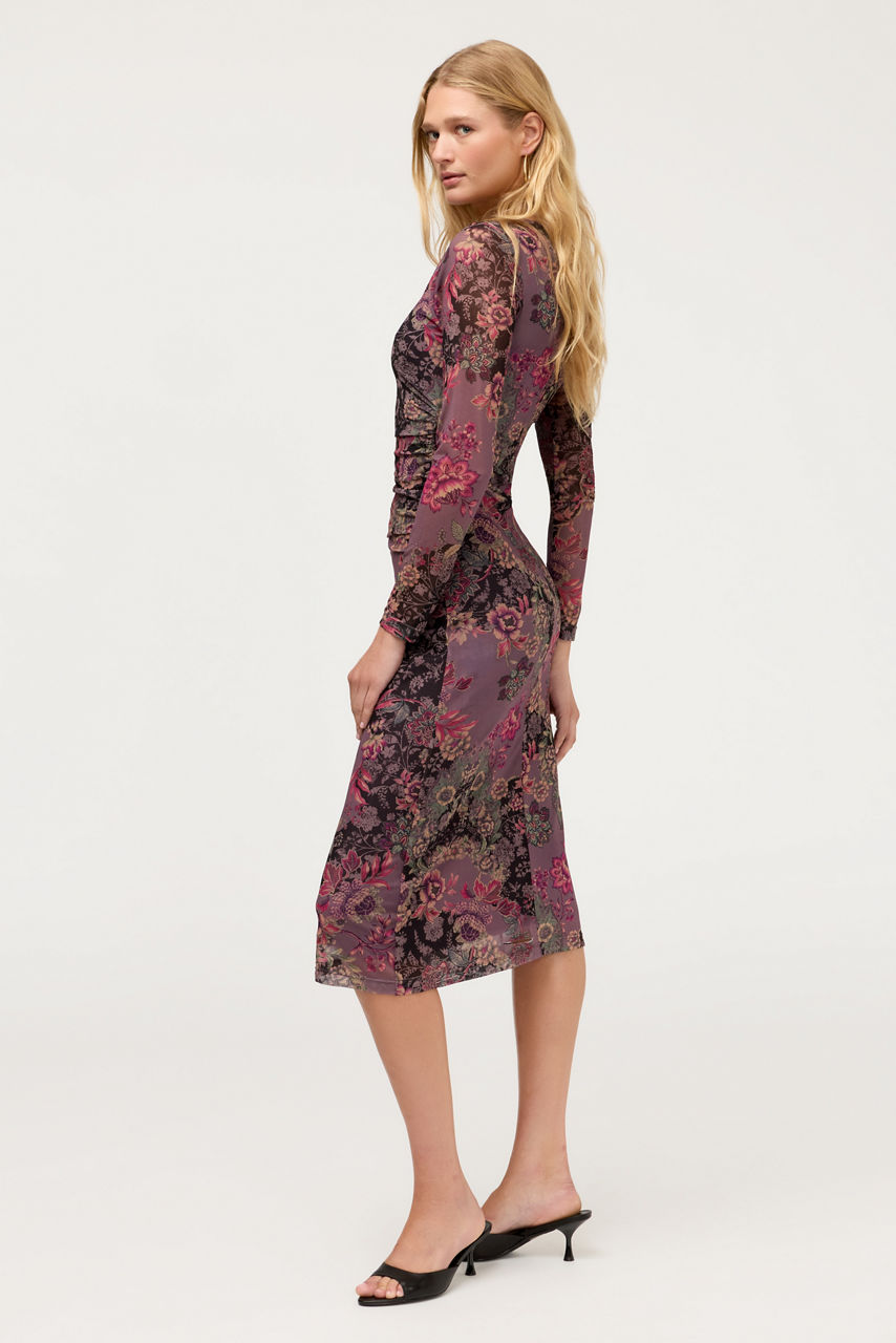 LONG SLEEVE RUCHED FRONT MESH MIDI DRESS, , large image 2