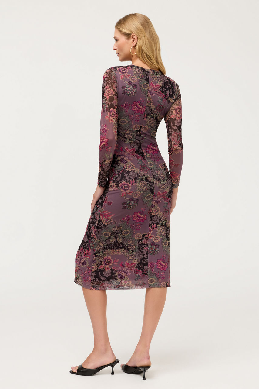 LONG SLEEVE RUCHED FRONT MESH MIDI DRESS, , large image 3