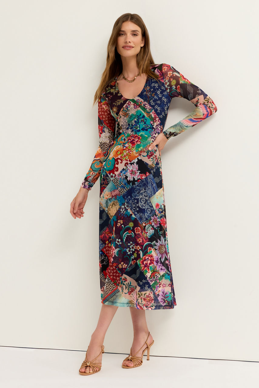 LONG SLEEVE V-NECK MESH MIDI DRESS, , large image 1