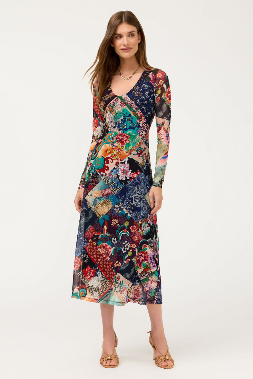 LONG SLEEVE V-NECK MESH MIDI DRESS, , large image 2