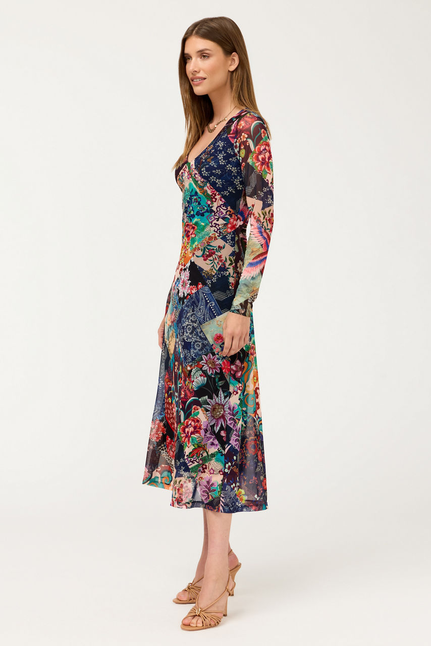 LONG SLEEVE V-NECK MESH MIDI DRESS, , large image 3