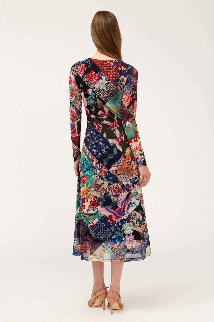 LONG SLEEVE V-NECK MESH MIDI DRESS, , large image 4