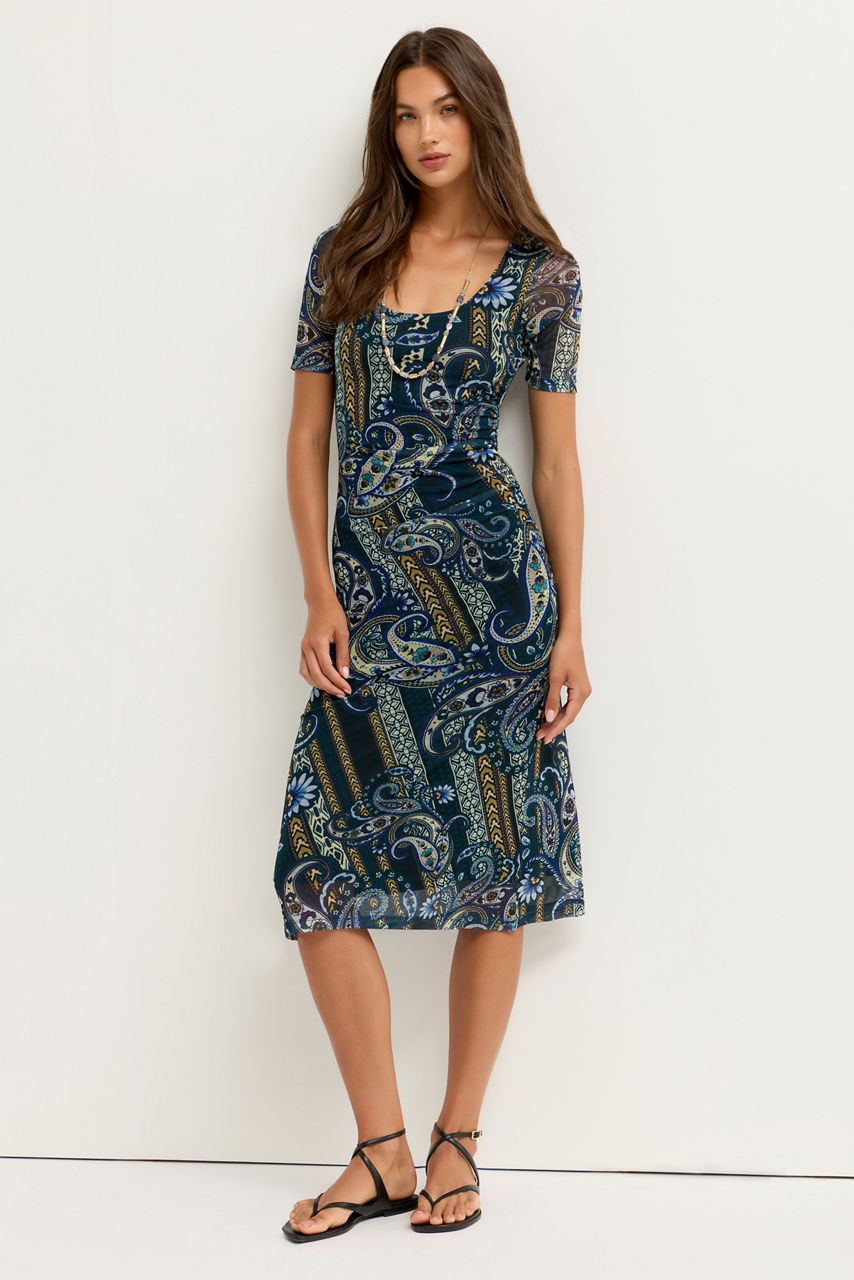 SCOOP NECK RUCHED FRONT MESH MIDI DRESS, , large image 1