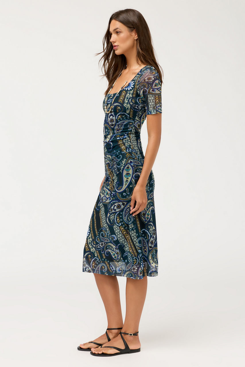 SCOOP NECK RUCHED FRONT MESH MIDI DRESS, , large image 2