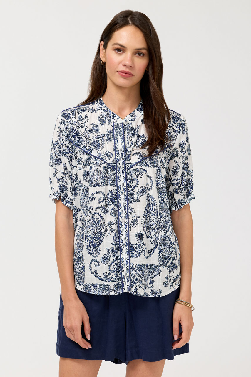 SHORT SLEEVE WESTERN SHIRRED YOKE BLOUSE, , large image 1