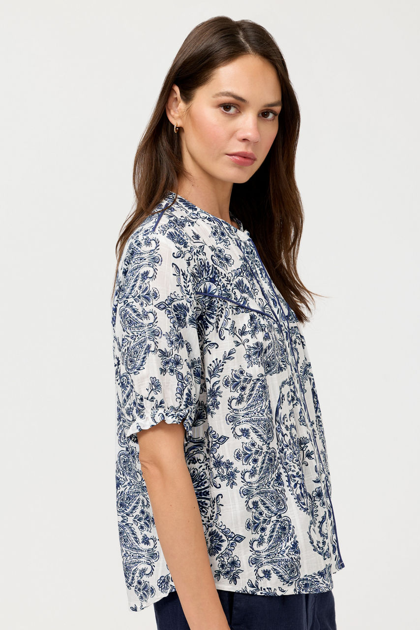 SHORT SLEEVE WESTERN SHIRRED YOKE BLOUSE, , large image 2