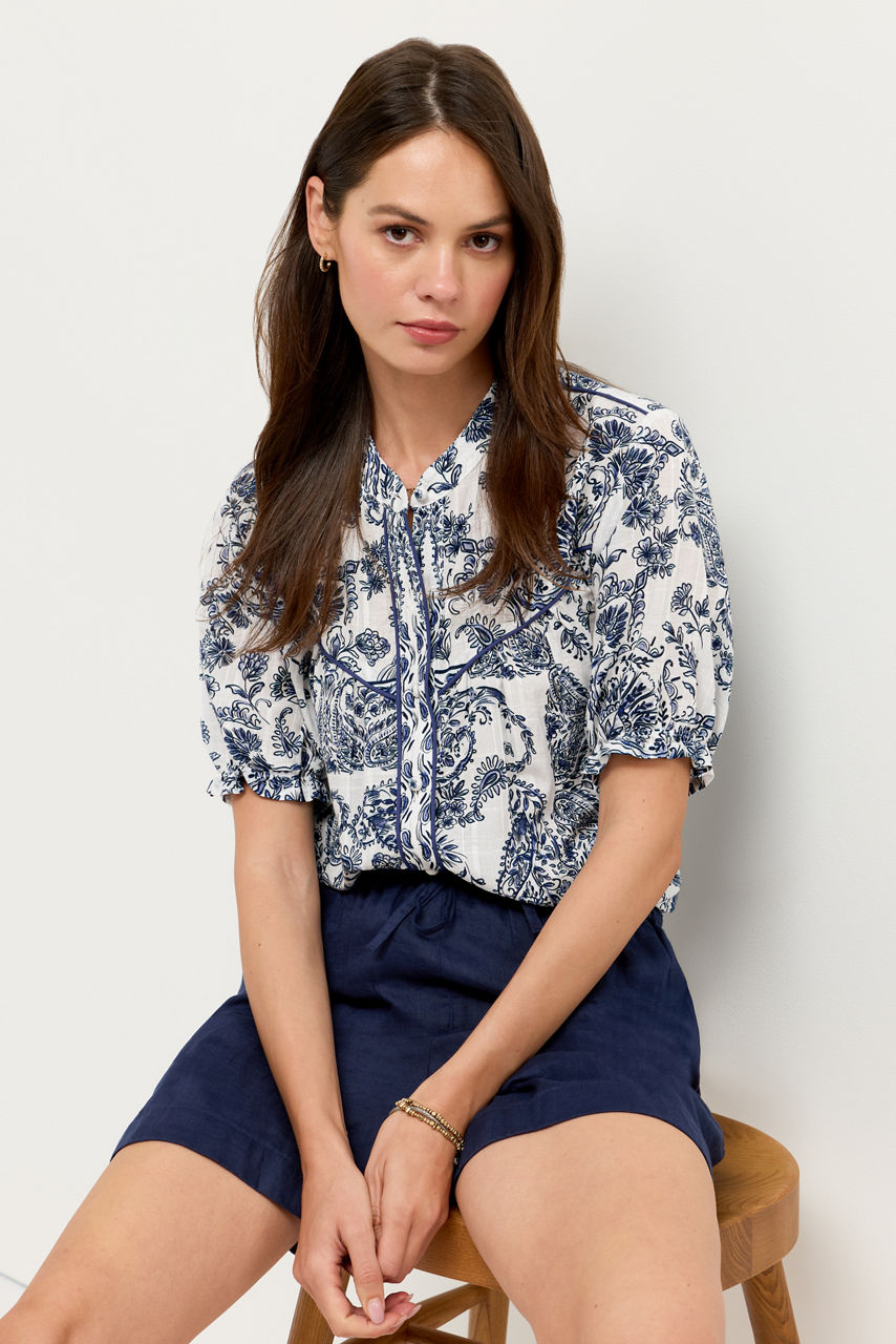 SHORT SLEEVE WESTERN SHIRRED YOKE BLOUSE, , large image 3
