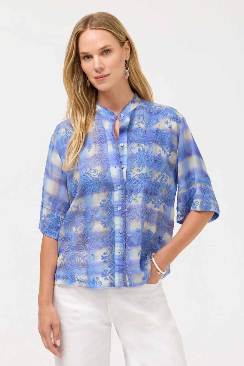SHORT SLEEVE RELAXED MANDARIN COLLAR SHIRT, , large image 1