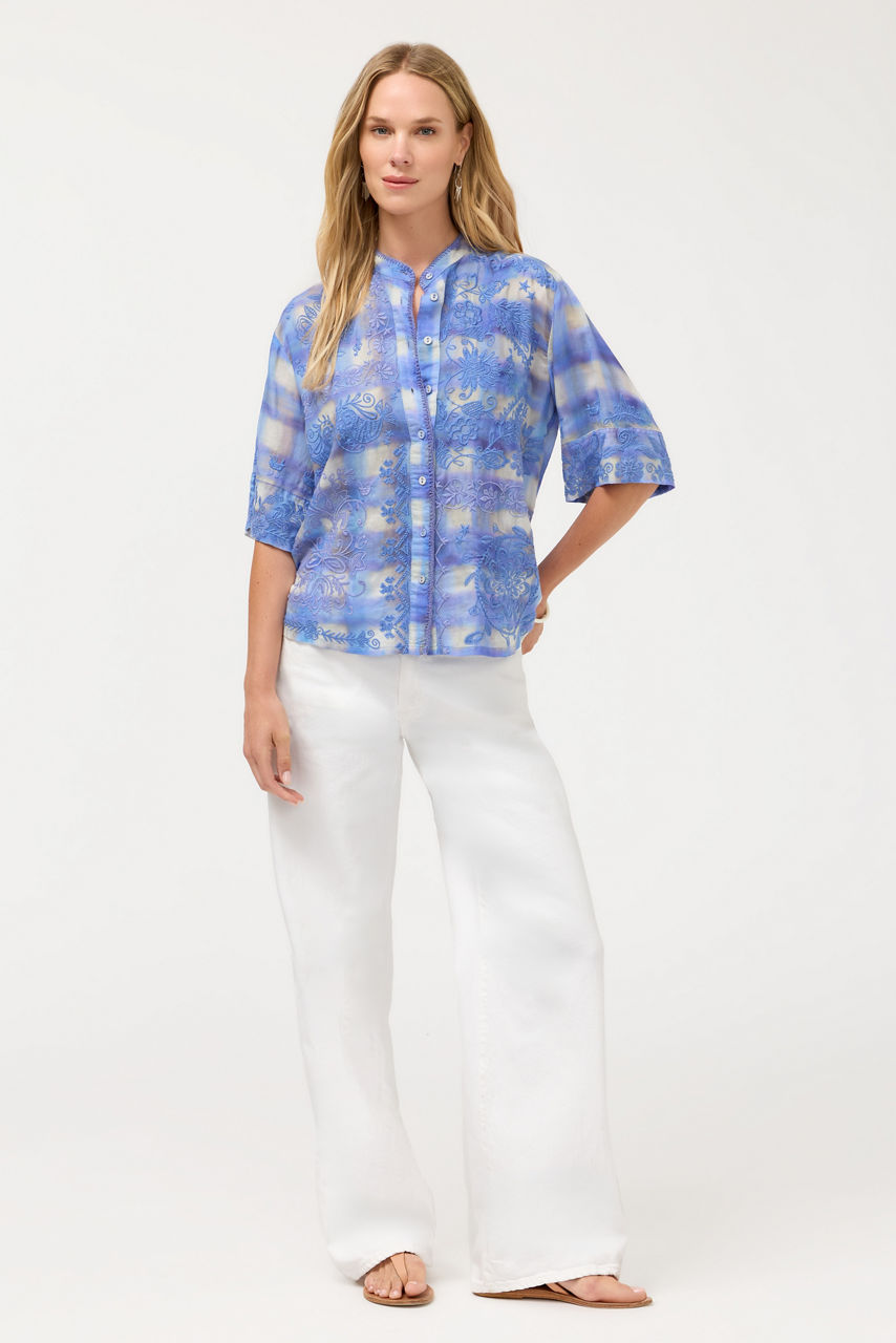 SHORT SLEEVE RELAXED MANDARIN COLLAR SHIRT, , large image 2