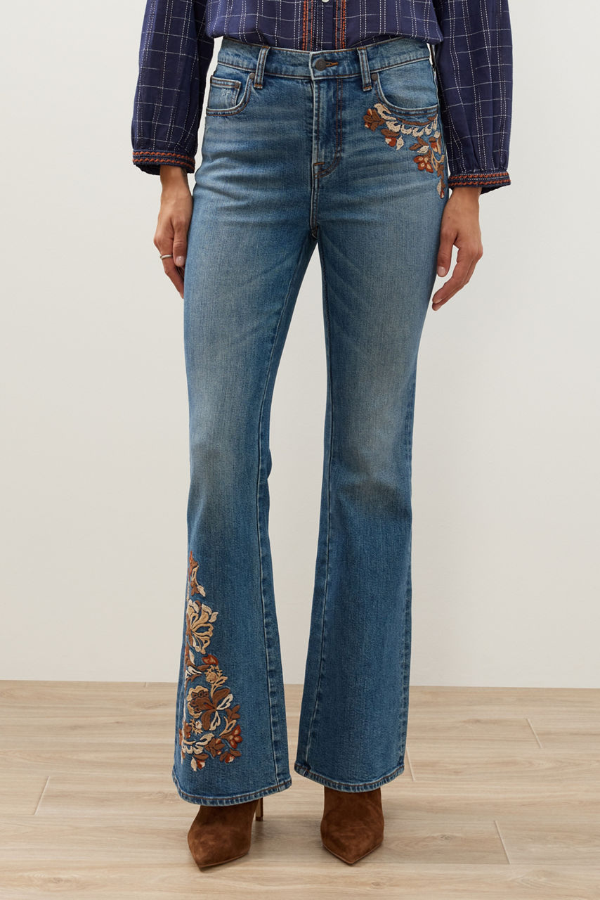EMBROIDERED HIGH RISE FLARE JEAN, , large image 1
