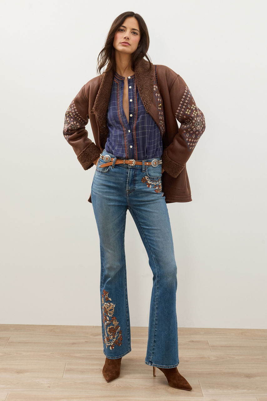 EMBROIDERED HIGH RISE FLARE JEAN, , large image 2