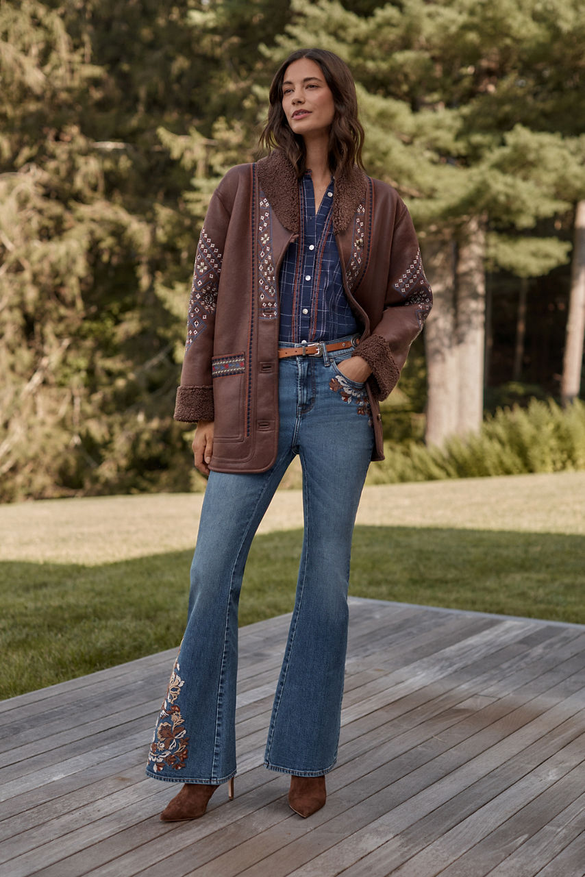 EMBROIDERED HIGH RISE FLARE JEAN, , large image 6
